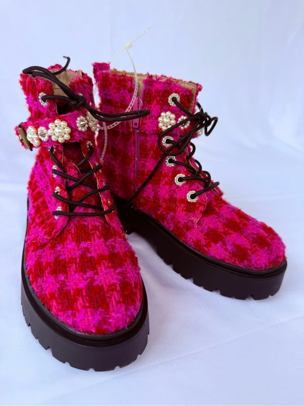 Betsey Johnson Pink Tweed Combat Boots Pearl Rhinestone Lug Sole